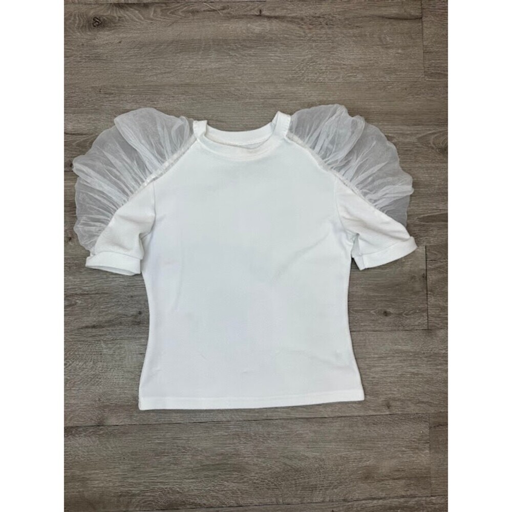 White Mesh Puff Sleeve Top Short Sleeve Mock Neck Blouse Size Small